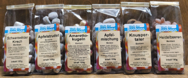 Bonbonset 6 x 100g (Amarettokugeln, Apfelmischung, Apfelstrudel, Heidelbeere, Knuspertaler, Schwarzwälder Kirsch)