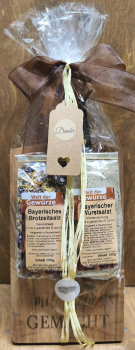 Geschenkset "Danke" (Holzbrett, Bayerisches Brotzeitsalz, Bayerischer Wurstsalat)