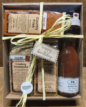 Geschenkset "Happy Birthday" (Country Fries, Cowboy Steaksoße, Burger, Barbecue Sauce)