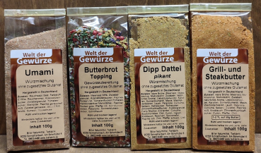 Gewürzset (Umami, Butterbrot Topping, Dipp Dattel pikant, Grill- und Steakbutter)