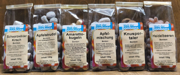 Bonbonset 6 x 100g (Amarettokugeln, Apfelmischung, Apfelstrudel, Heidelbeere, Knuspertaler, Schwarzwälder Kirsch)