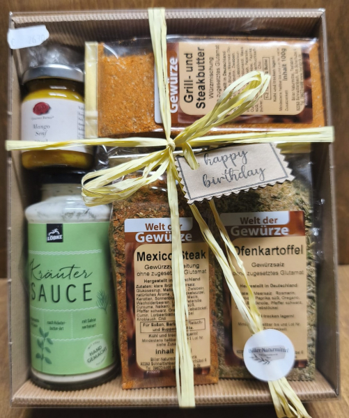 Geschenkset "Happy Birthday" (Mango Senf, Grill - und Steakbutter, Ofenkartoffel, Mexico Steak, Kräutersauce)