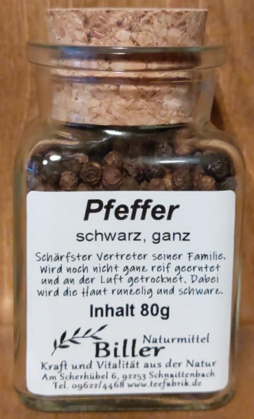 Pfeffer schwarz ganz im Glas, 80g