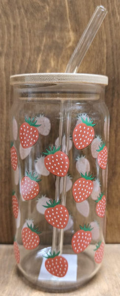 Trinkglas "Erdbeere" mit Strohhalm